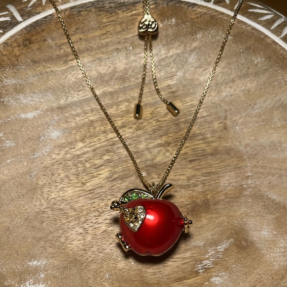 Betsey Johnson Gold Tone Back To School Red Apple Worm Locket Pendant Necklace - Picture 3 of 16